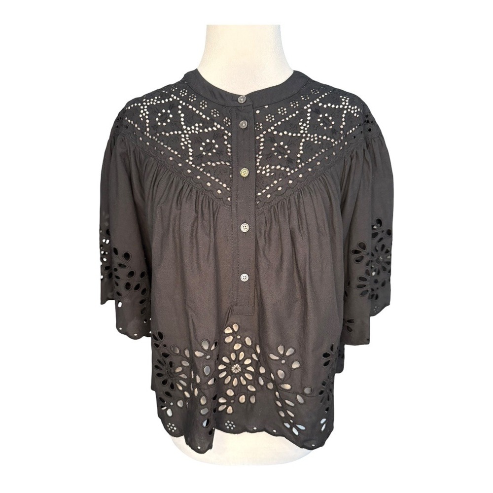 Madewell Black Eyelet Cropped Button-Front Blouse - Picture 2 of 8